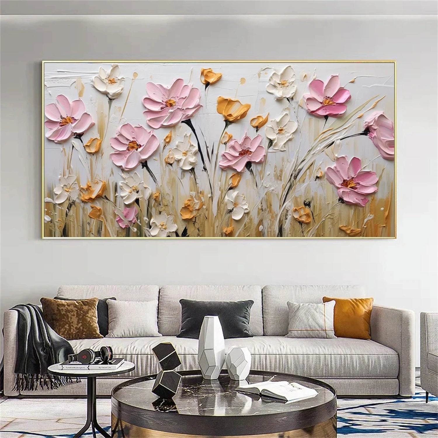 Modern Textured Meadow Art | Pink & White Flower Painting #JJ 304