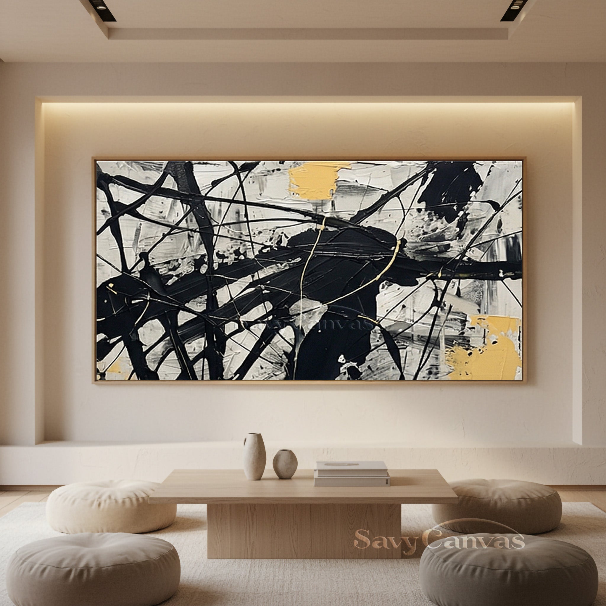 Sunny yellow abstract expressionist painting with energetic black and white paint splatters and thick impasto texture.