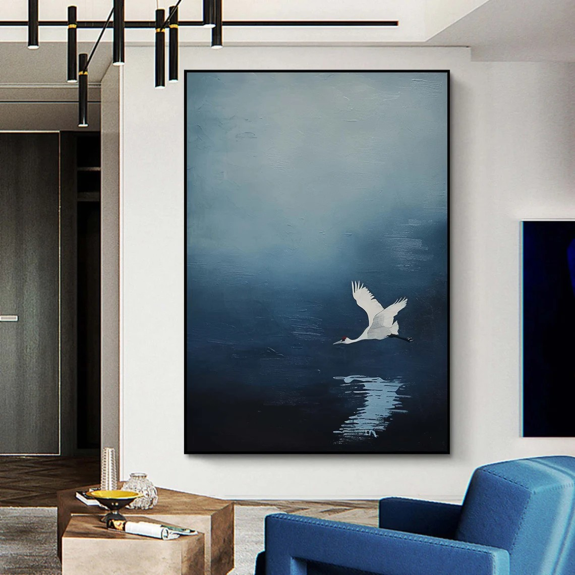 Handmade Blue Abstract Oil Painting with Crane Modern Decor  #TC 030