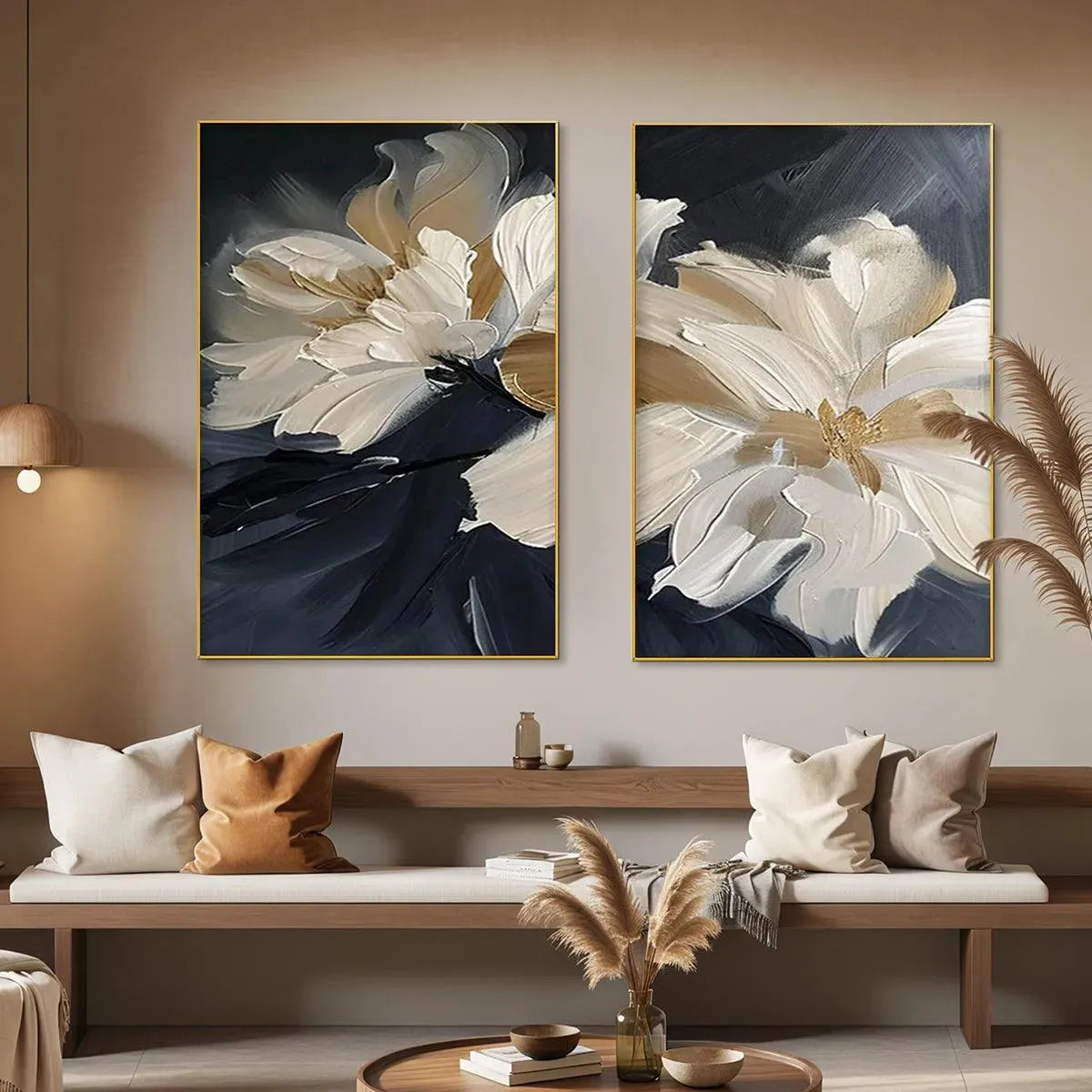 Modern White Flower Paintings | Framed Abstract Art Set