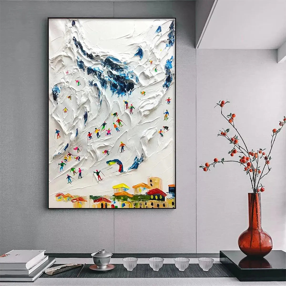 Colorful Ski Village Painting | Vibrant Winter Sports Wall Art