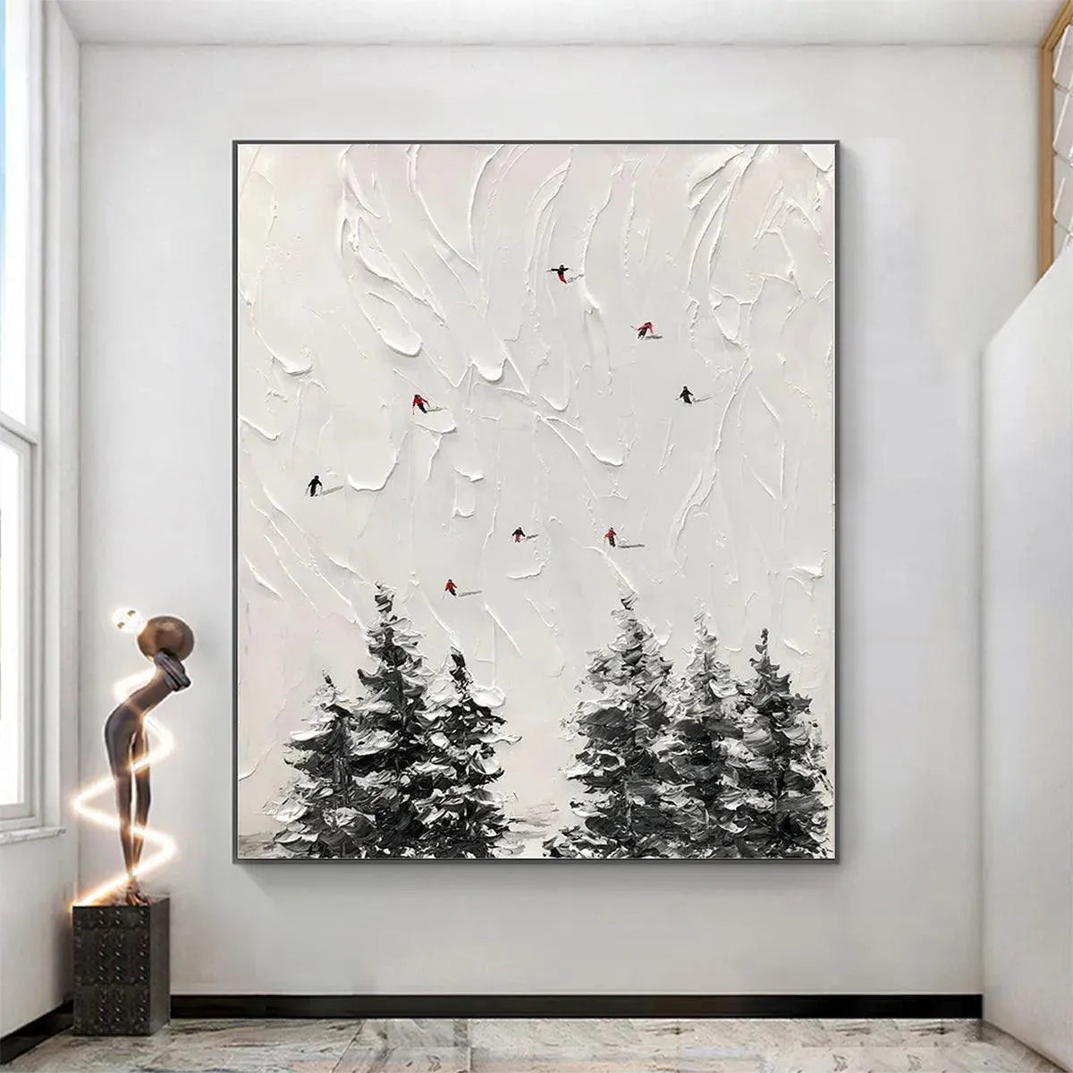 Serene Winter Ski Scene | Minimalist Snowy Mountain Art