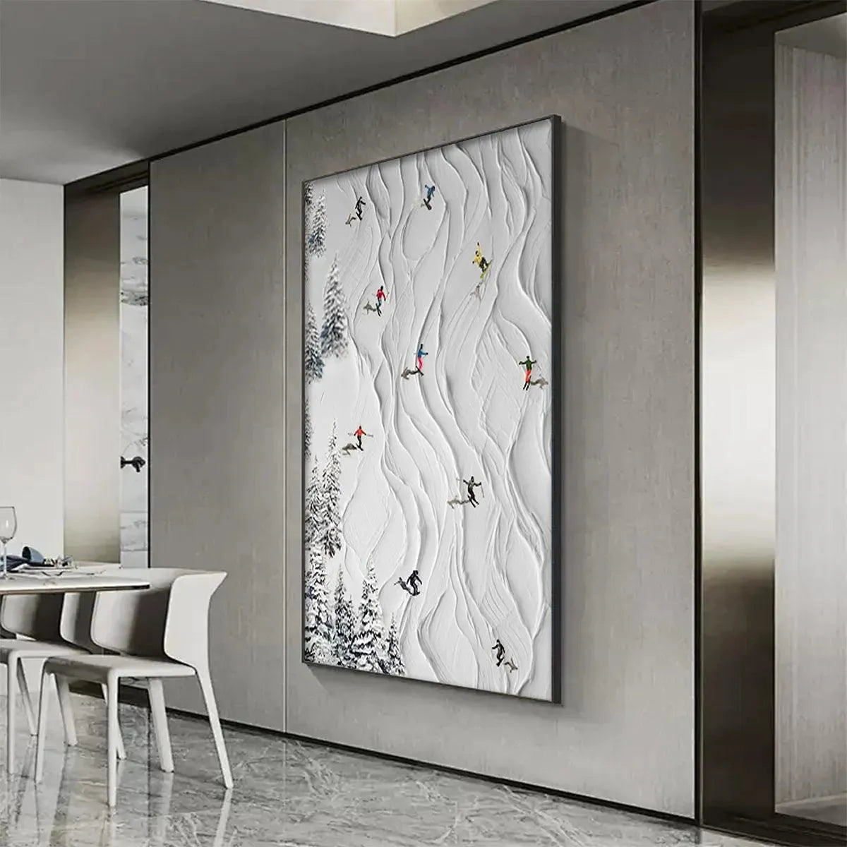 Colorful Skiers on White Snow | Vertical 3D Textured Painting #AA 222