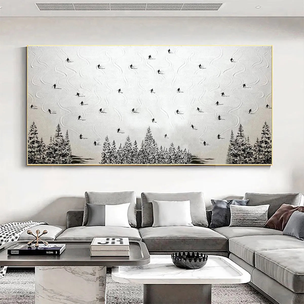 Serene Winter Ski Scene | Minimalist Snowy Mountain Art