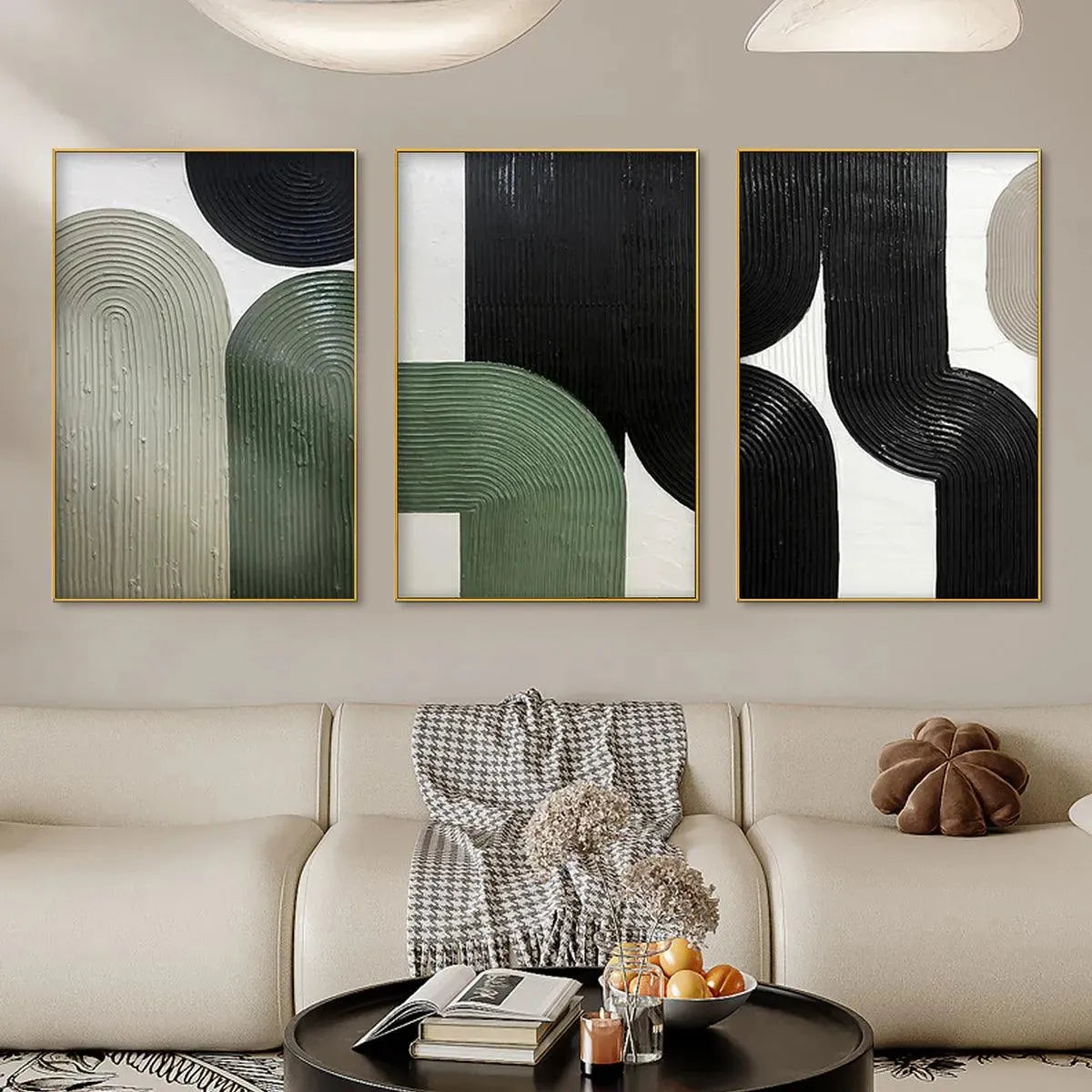 Japandi Style Wall Art Set of 3 | Green & Black Abstract