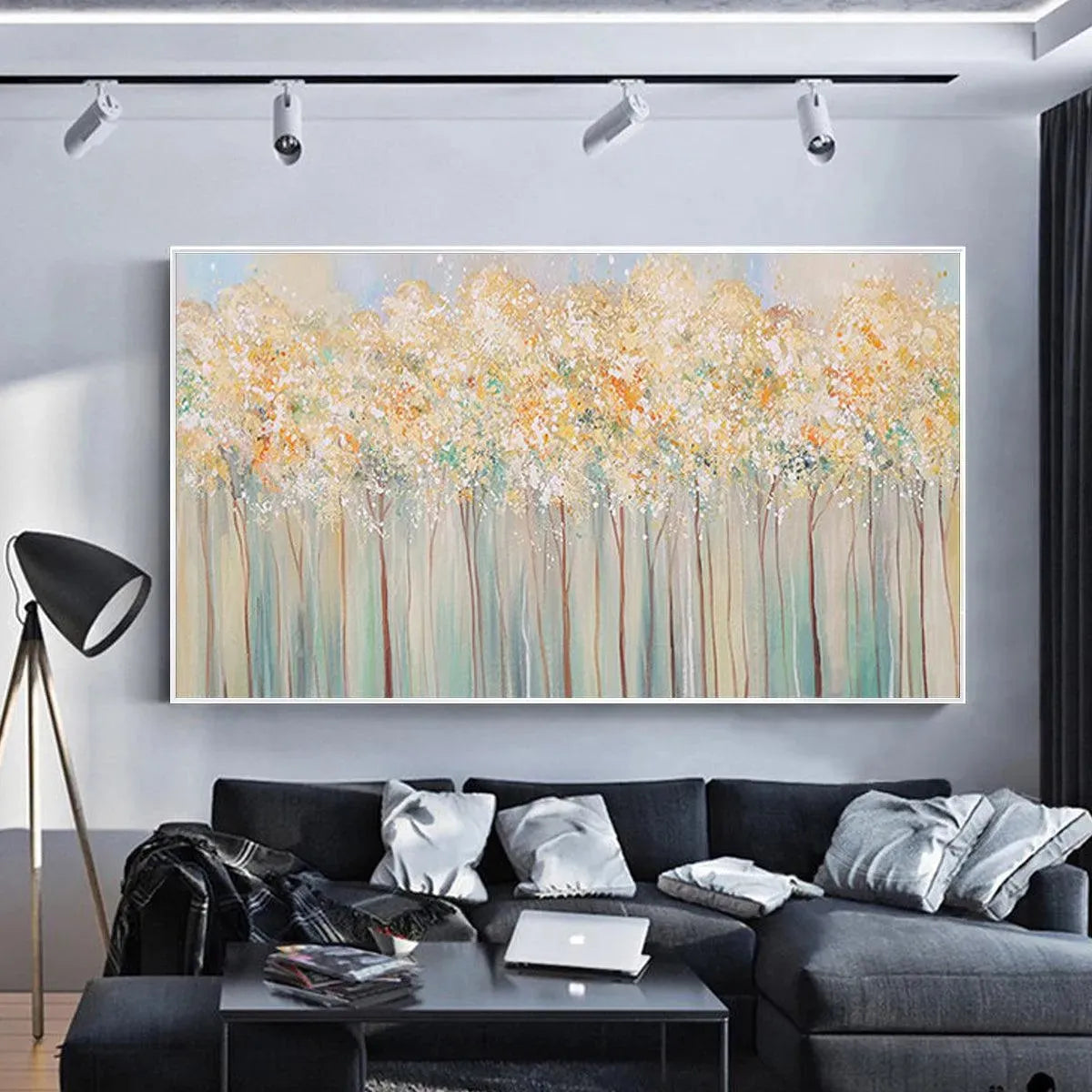 Modern Forest Painting | Yellow and Grey Abstract Wall Art #TC 241