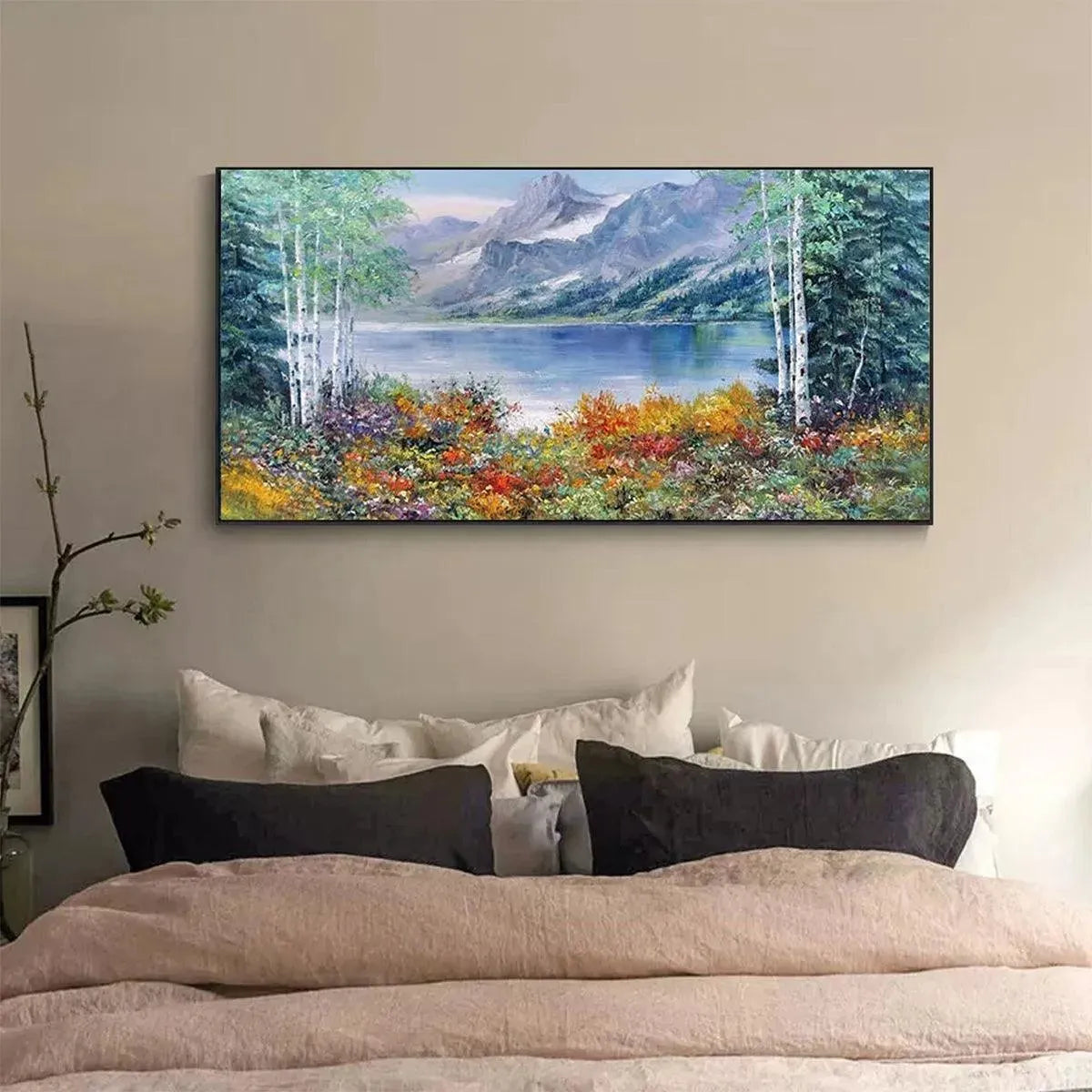 Colorful Autumn Forest and Lake Painting – Nature Wall Decor Art