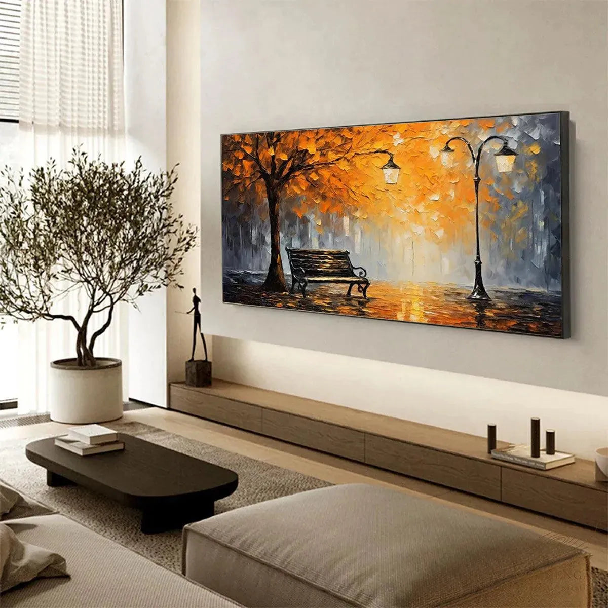 Autumn Park Bench Painting | Impressionist Fall Landscape Wall Art #TC 253