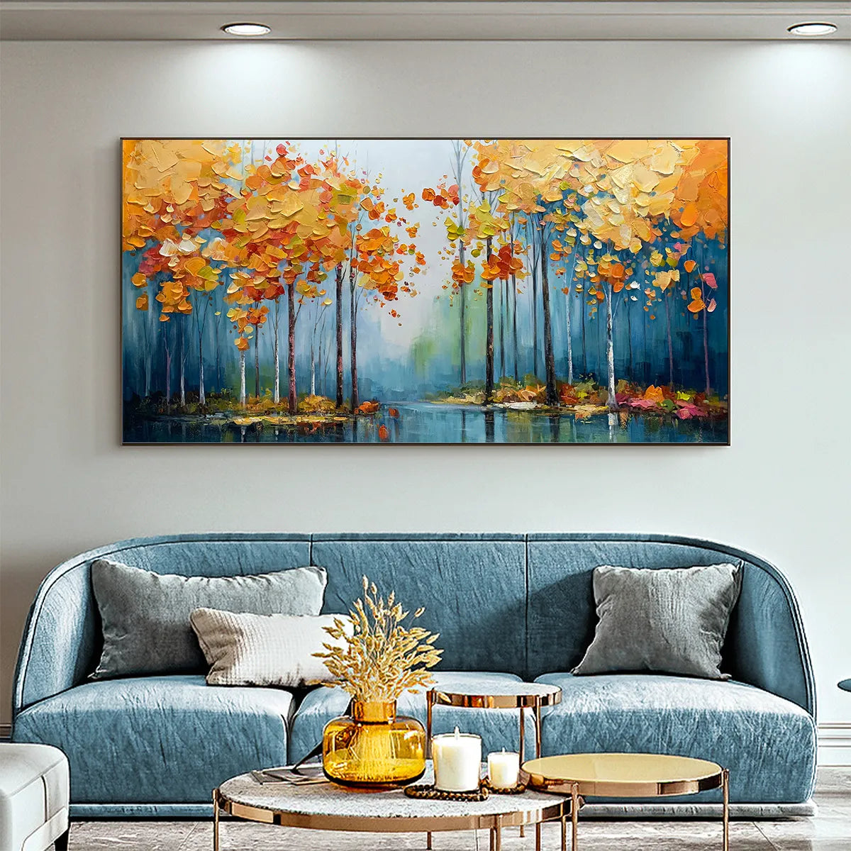 Large Horizontal Birch Tree Painting | Modern Blue & Orange Decor