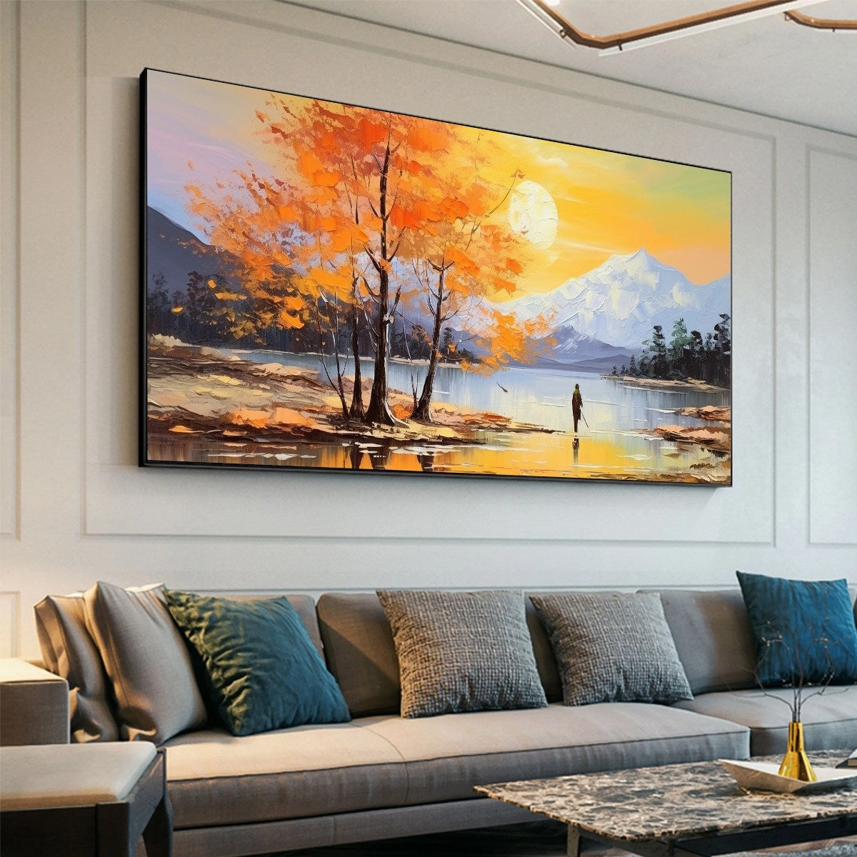 Impressionist Mountain & Lake Painting | Handmade Panoramic Wall Art #TC 249
