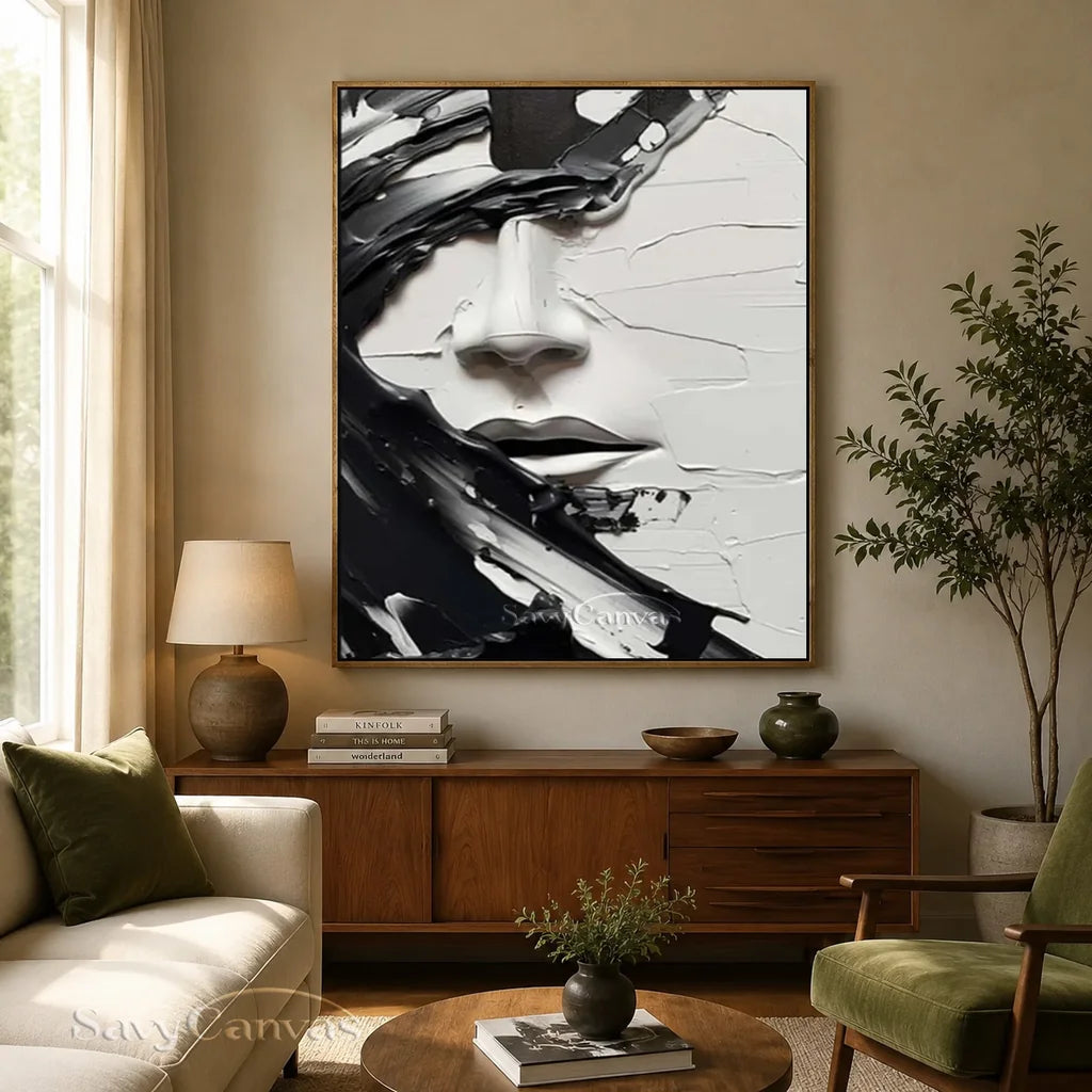 Oversized Vertical Wall Art | Abstract Black and White Face Painting Decor #ZZ 199