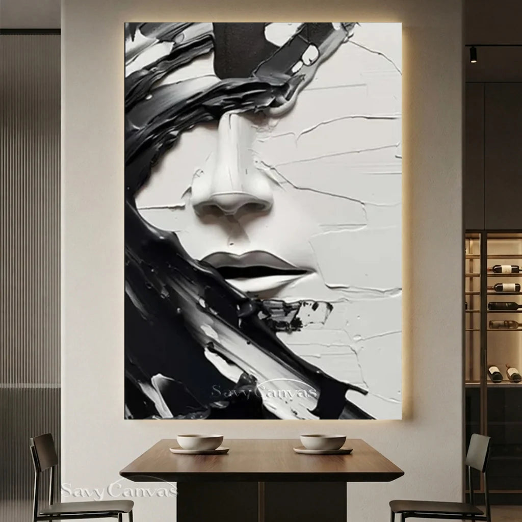 Oversized Vertical Wall Art | Abstract Black and White Face Painting Decor #ZZ 199