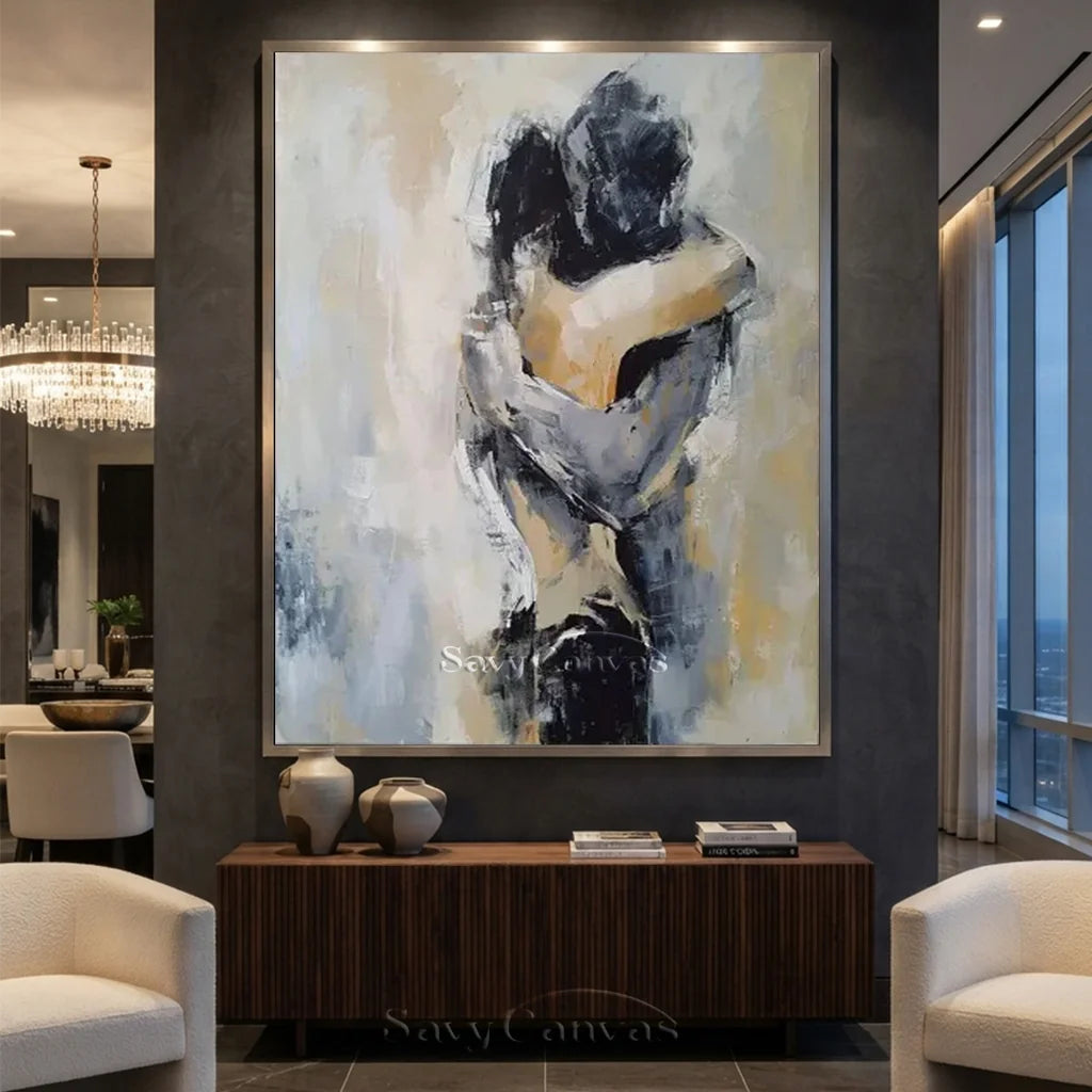 Abstract Couple Embrace Painting | Large Vertical Romantic Wall Art #ZZ 190