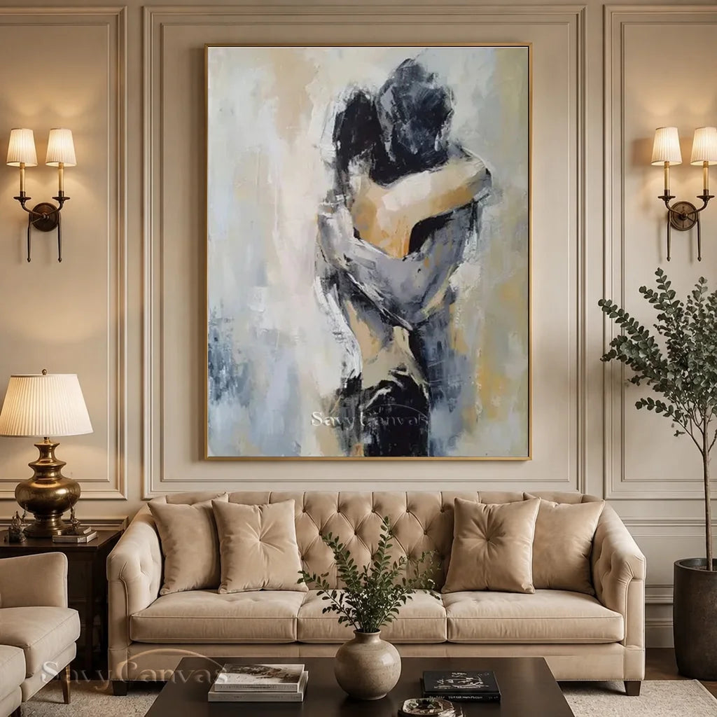 Abstract Couple Embrace Painting | Large Vertical Romantic Wall Art #Z