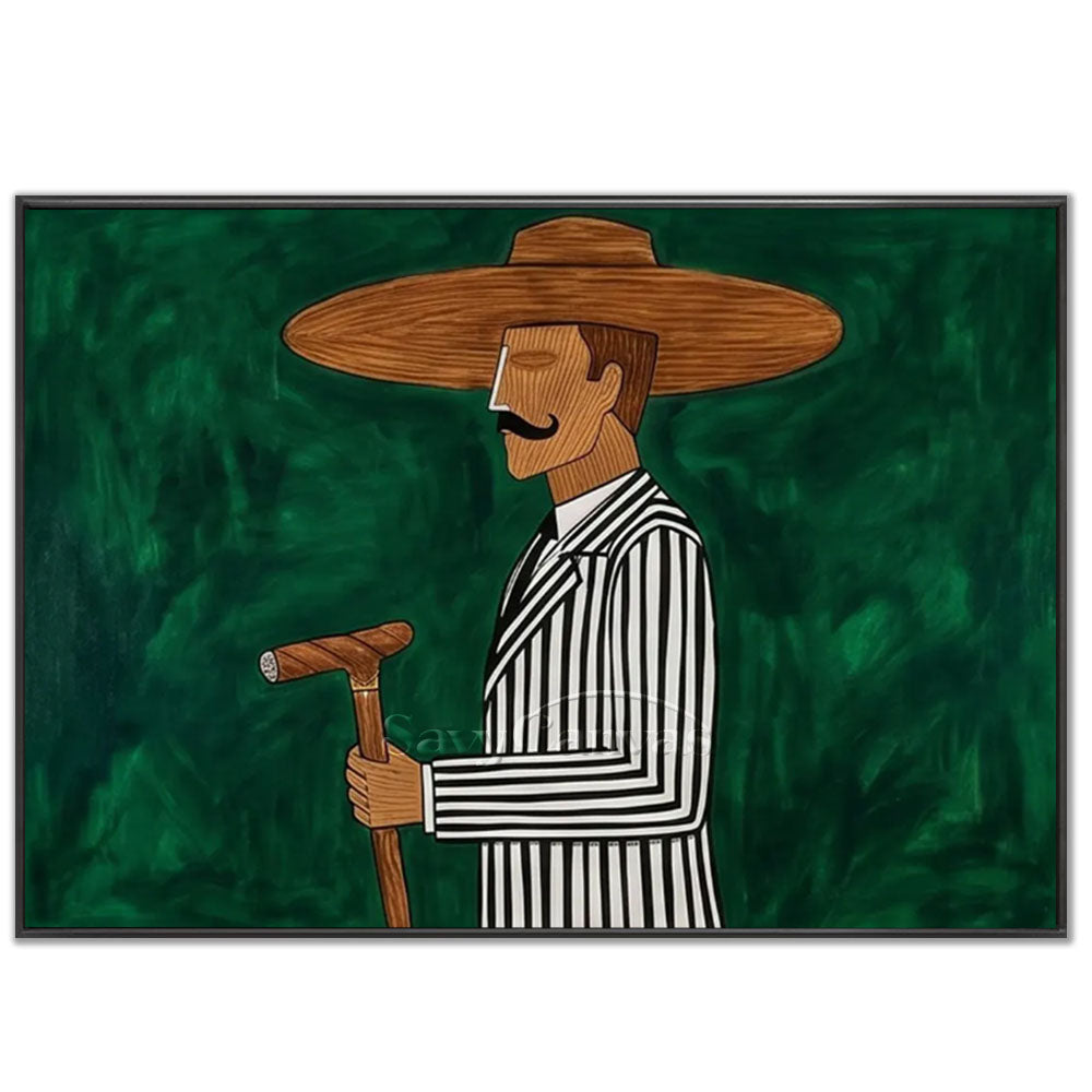 High-quality handmade abstract oil painting of a man wearing a large brown brimmed hat and a black and white striped suit holding a cane, set against a rich textured emerald green background.