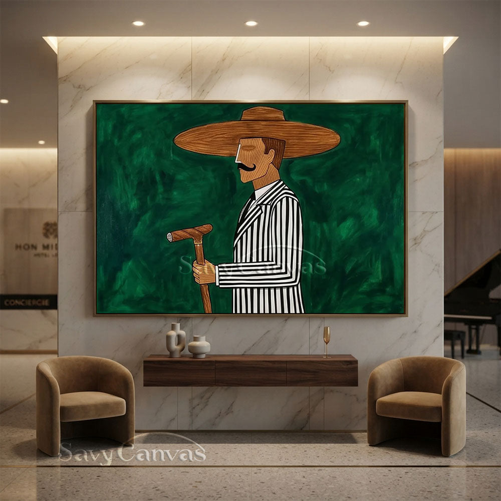 Abstract Cowboy Oil Painting | Green Retro Canvas Wall Art #ZC 019