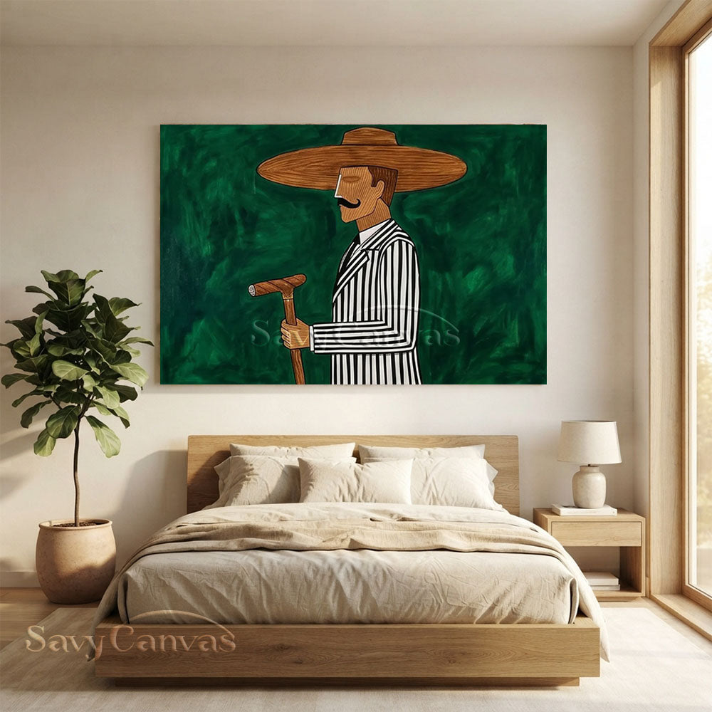 Abstract Cowboy Oil Painting | Green Retro Canvas Wall Art #ZC 019