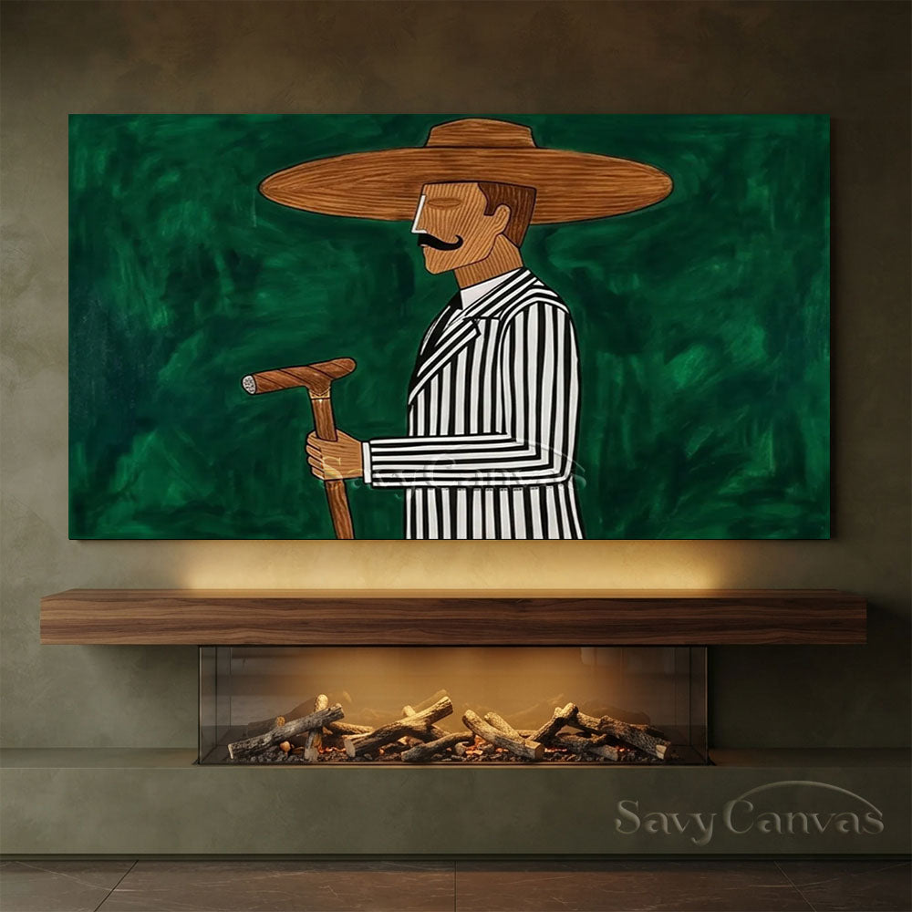 Abstract Cowboy Oil Painting | Green Retro Canvas Wall Art #ZC 019