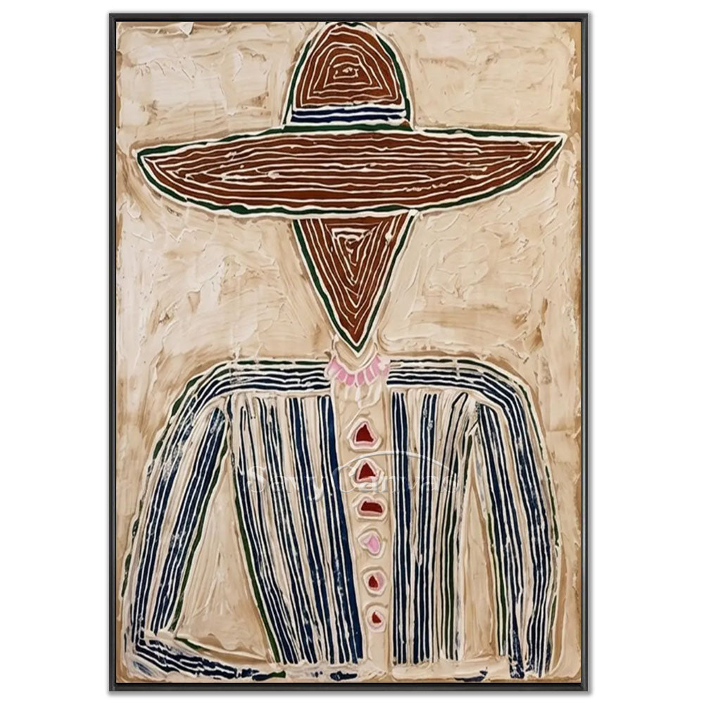 Close-up view of a handmade abstract cowboy oil painting with heavy cream texture, brown hat, and navy blue striped shirt on a beige background.