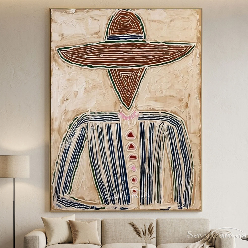 Abstract Cowboy Oil Painting Textured Beige Wall Art #SS 205