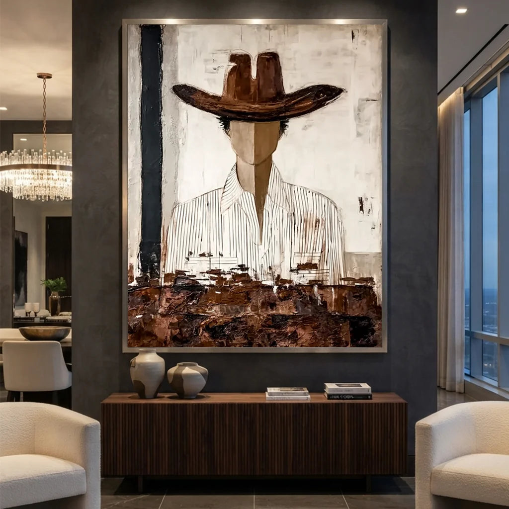 Handcrafted abstract cowboy oil painting with rich brown and white textures hanging in a modern living room