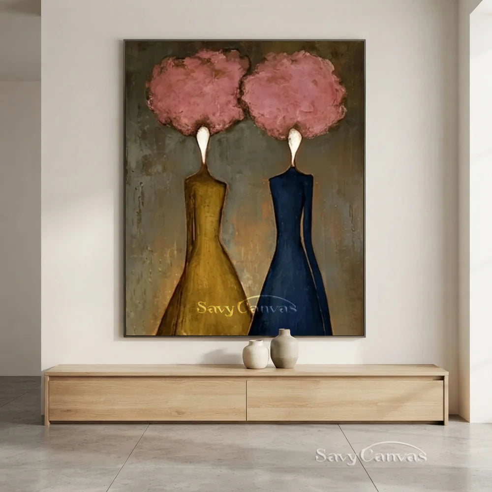 Abstract Figural Oil Painting Hand-Painted Pink Floral Heads #SS 285