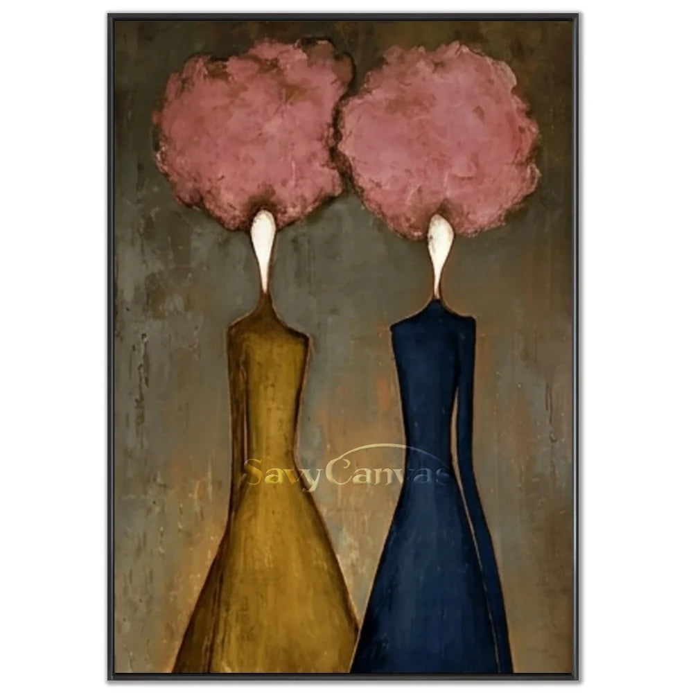 Hand-painted abstract expressionist oil painting featuring two elegant figures with pink floral heads in olive and deep blue tones by Savy Canvas.