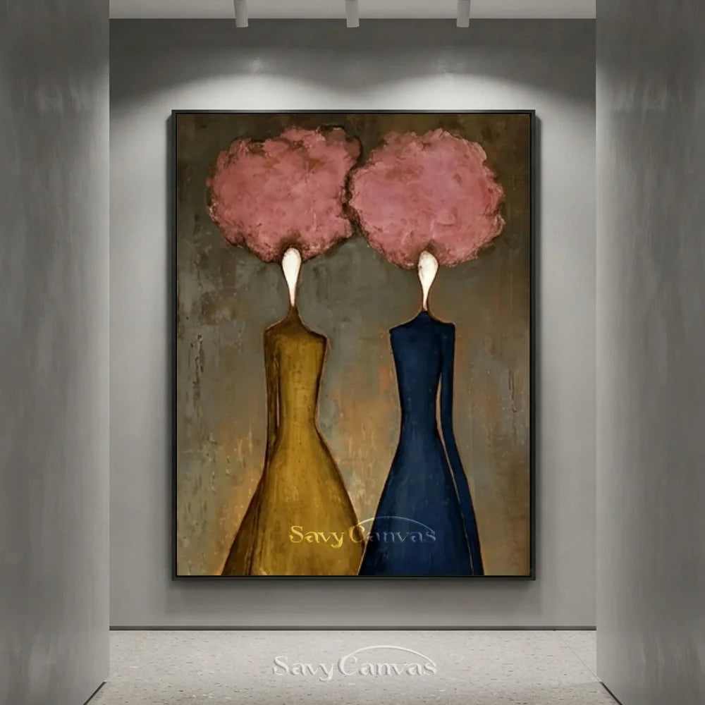 Abstract Figural Oil Painting Hand-Painted Pink Floral Heads #SS 285