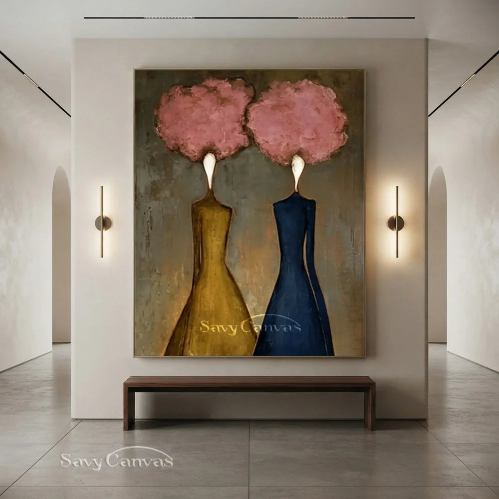 Abstract Figural Oil Painting Hand-Painted Pink Floral Heads #SS 285