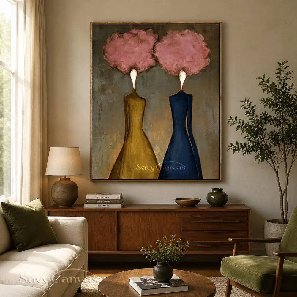 Abstract Figural Oil Painting Hand-Painted Pink Floral Heads #SS 285