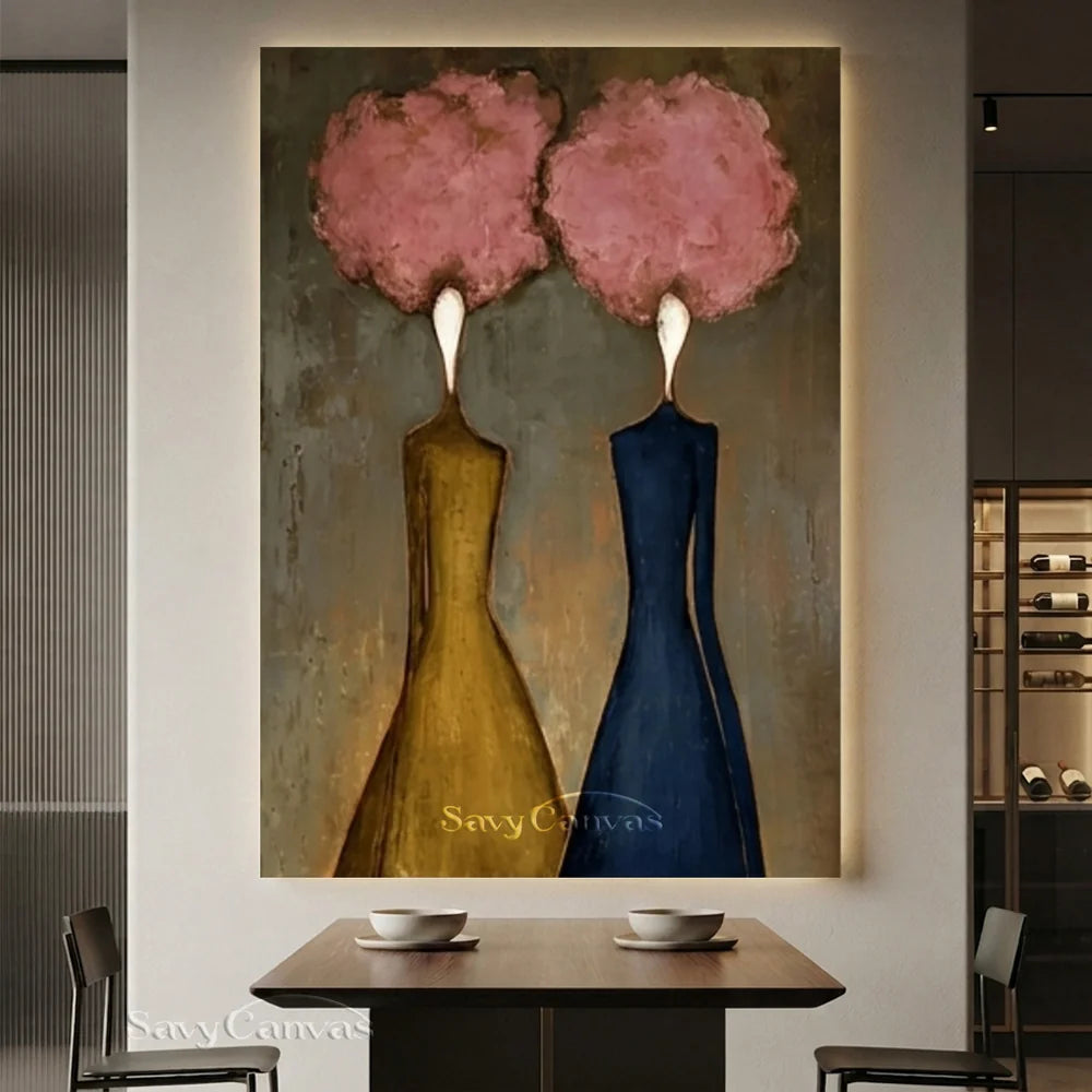 Abstract Figural Oil Painting Hand-Painted Pink Floral Heads #SS 285