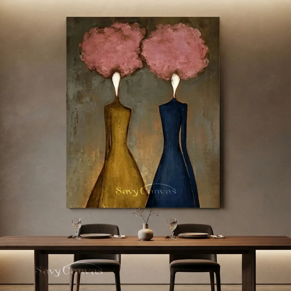 Abstract Figural Oil Painting Hand-Painted Pink Floral Heads #SS 285