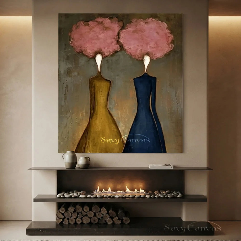 Abstract Figural Oil Painting Hand-Painted Pink Floral Heads #SS 285