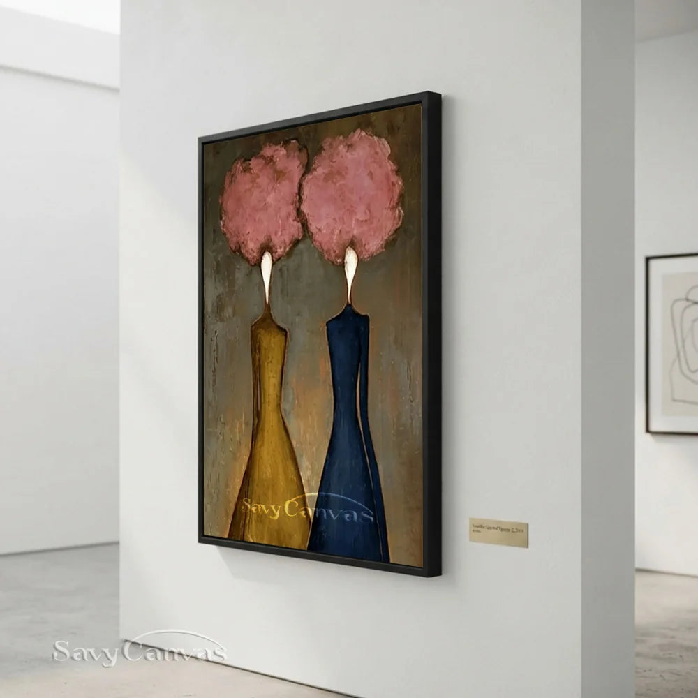 Abstract Figural Oil Painting Hand-Painted Pink Floral Heads #SS 285