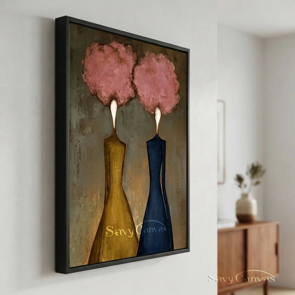 Abstract Figural Oil Painting Hand-Painted Pink Floral Heads #SS 285