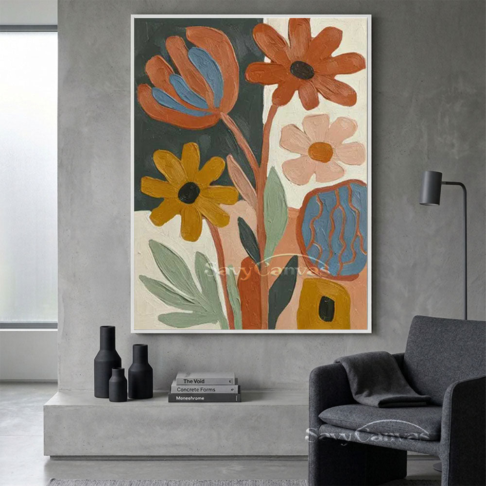 Mid-Century Abstract Floral Oil Painting Retro Canvas Art #AA 547