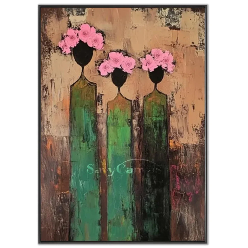 Abstract Floral Trio Elegance.jpg - Hand-painted abstract expressionist oil painting of three elegant figures in emerald green dresses with bright pink floral heads on a heavily textured earth-toned background by Savy Canvas.