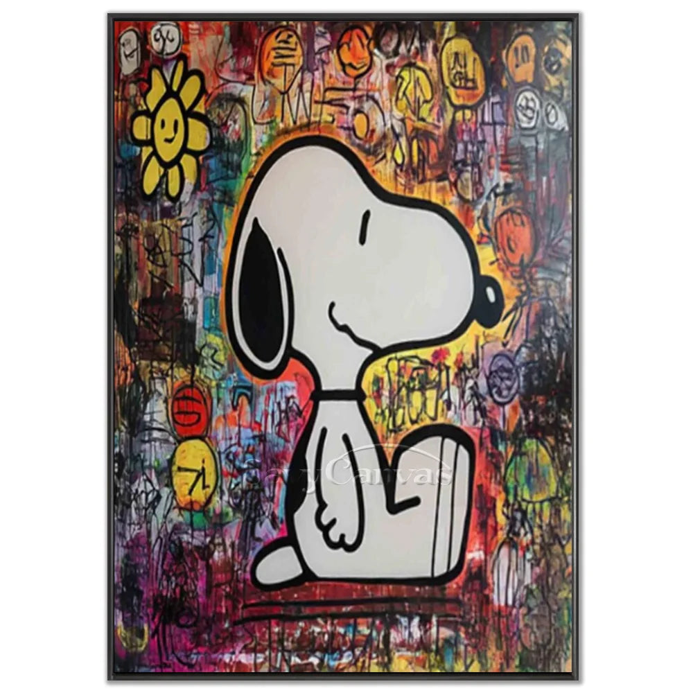 Hand-painted Abstract Graffiti Snoopy Pop Art Oil Painting on Canvas by Savy Canvas, featuring a large, iconic Snoopy character against a chaotic background of colorful street art symbols and text. Textured and vibrant, ready to hang.