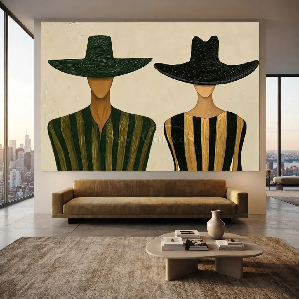 Large handcrafted expressionist oil painting featuring two stylized figures in wide-brimmed hats and striped attire against a neutral background, displayed above a modern brown sofa in a spacious luxury living room with city views.