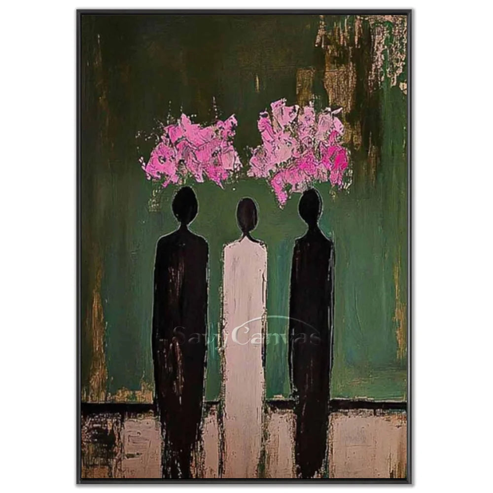 Hand-painted abstract expressionist oil painting featuring three elegant figures with pink floral cloud heads against a textured green background by Savy Canvas.