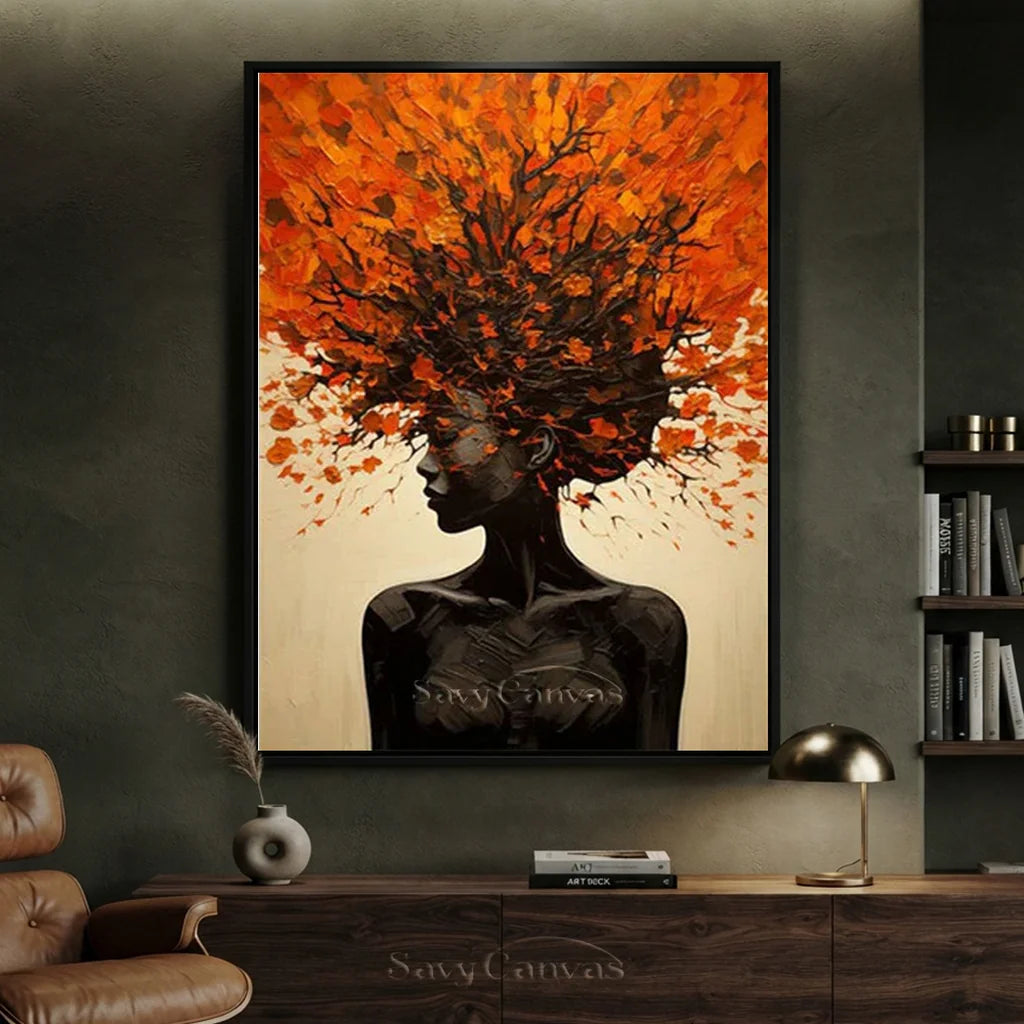 Orange Brown Explosive Hair Abstract Portrait Painting, Modern Art Wall Art #TB 044