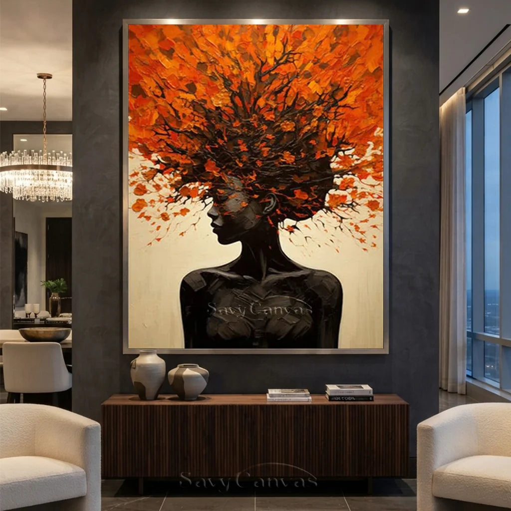 Orange Brown Explosive Hair Abstract Portrait Painting, Modern Art Wall Art #TB 044