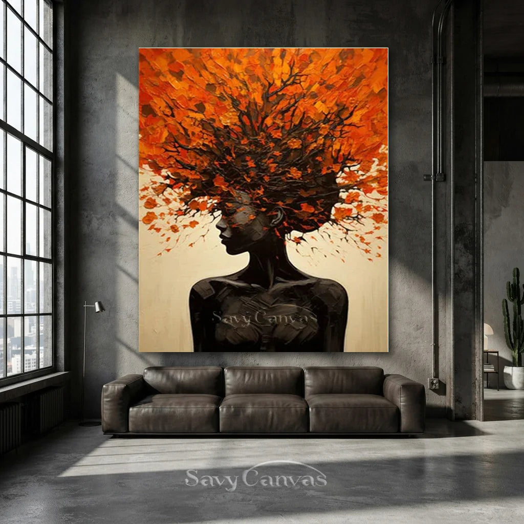 Orange Brown Explosive Hair Abstract Portrait Painting, Modern Art Wall Art #TB 044