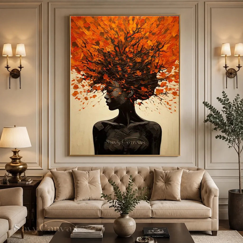 Orange Brown Explosive Hair Abstract Portrait Painting, Modern Art Wall Art #TB 044