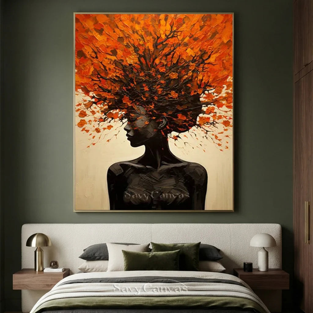 Orange Brown Explosive Hair Abstract Portrait Painting, Modern Art Wall Art #TB 044