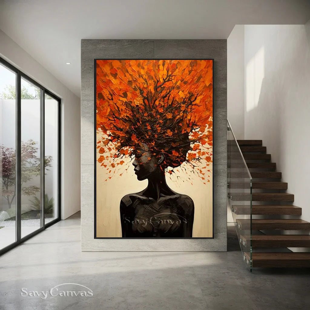 Orange Brown Explosive Hair Abstract Portrait Painting, Modern Art Wall Art #TB 044
