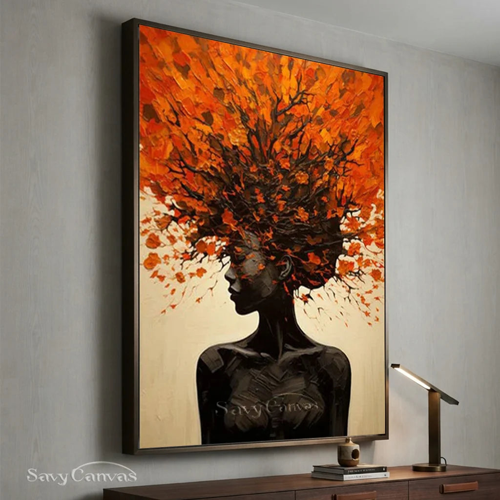 Orange Brown Explosive Hair Abstract Portrait Painting, Modern Art Wall Art #TB 044