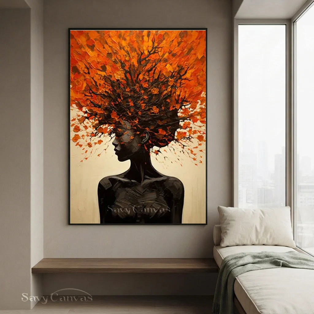 Orange Brown Explosive Hair Abstract Portrait Painting, Modern Art Wall Art #TB 044