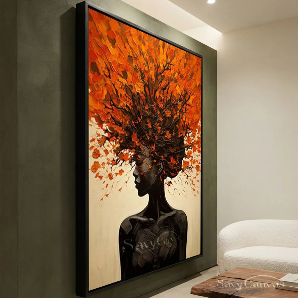 Orange Brown Explosive Hair Abstract Portrait Painting, Modern Art Wall Art #TB 044