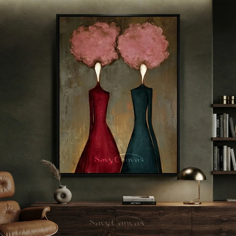 Pink Floral and Burgundy Abstract Figures Art #SS 289
